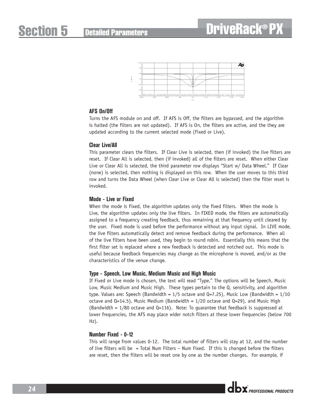 dbx Pro PX user manual AFS On/Off, Clear Live/All, Mode Live or Fixed, Type Speech, Low Music, Medium Music and High Music 
