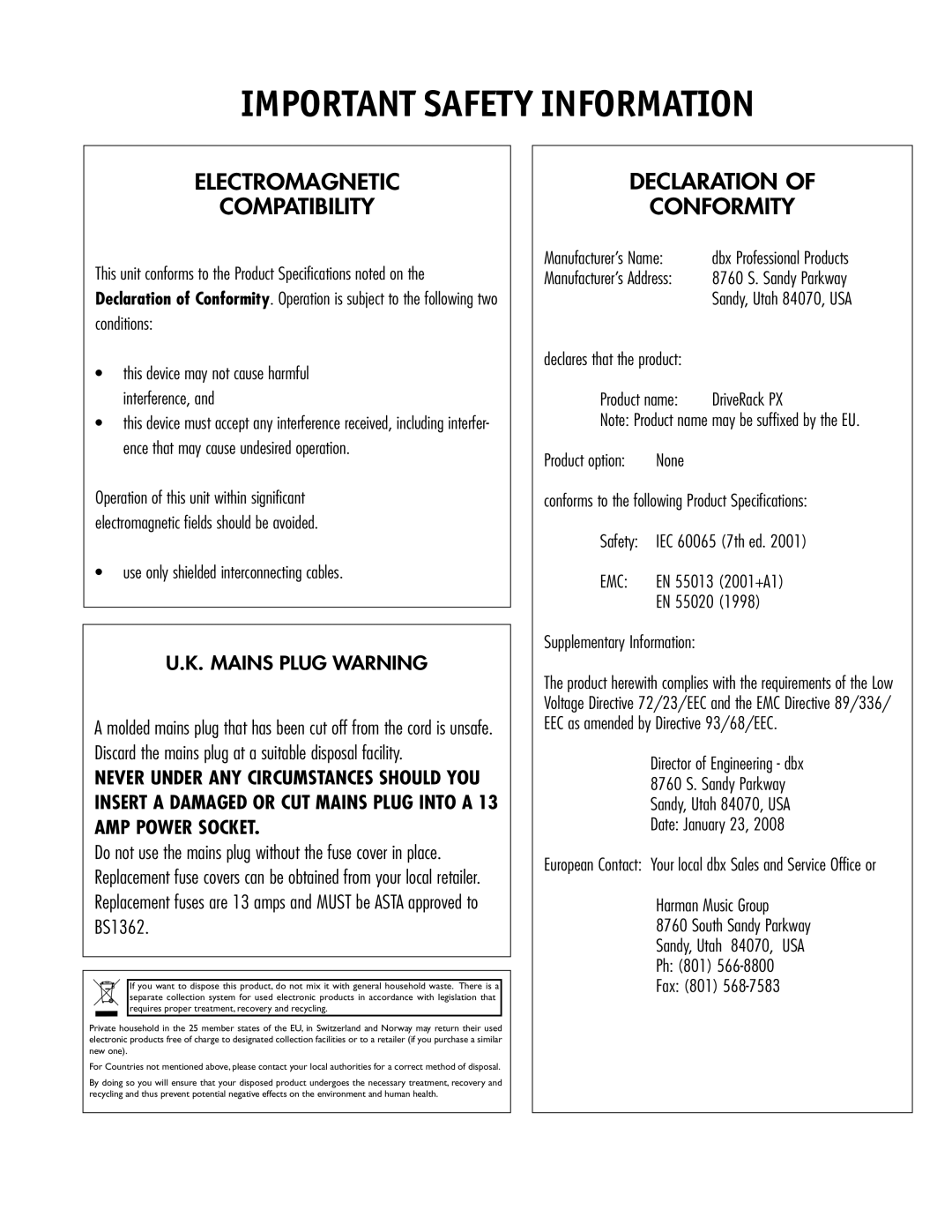 dbx Pro PX user manual Electromagnetic Compatibility 