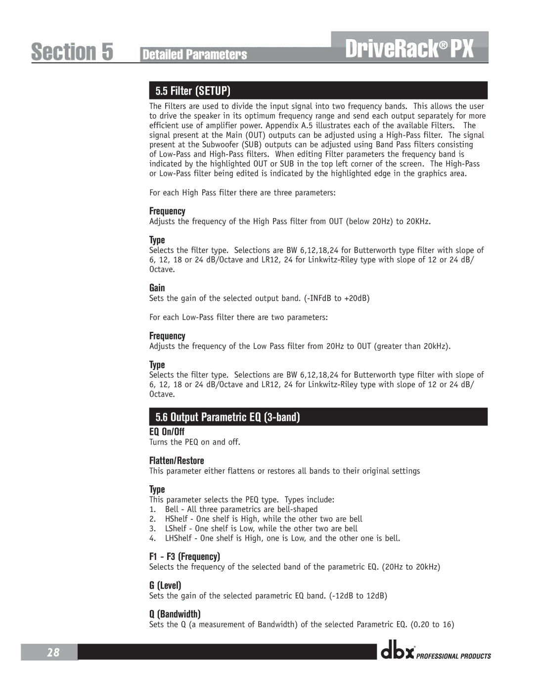 dbx Pro PX user manual Filter Setup, Output Parametric EQ 3-band 