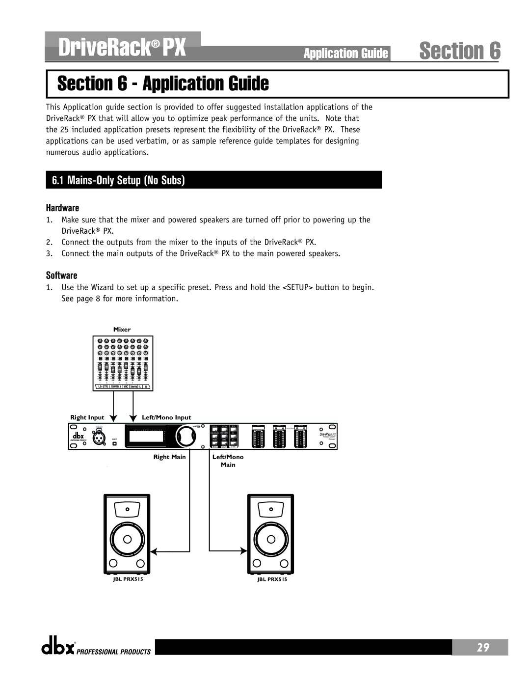 dbx Pro PX user manual Application Guide, Mains-Only Setup No Subs, Hardware, Software 