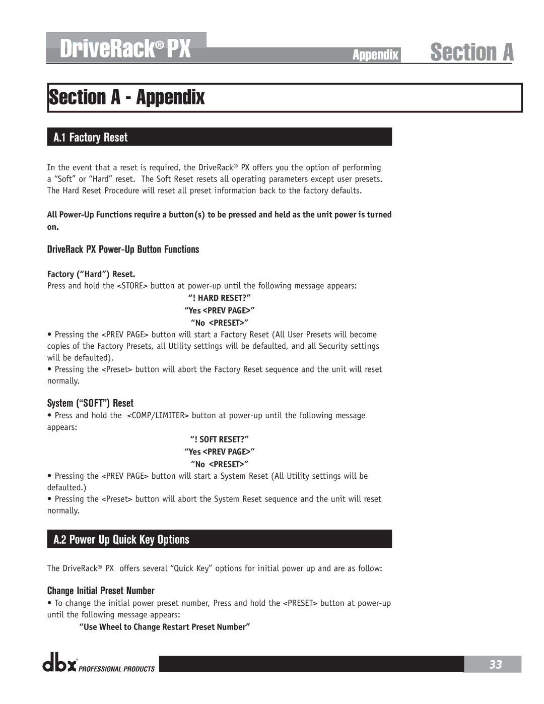 dbx Pro PX user manual Section a Appendix, Factory Reset, Power Up Quick Key Options 