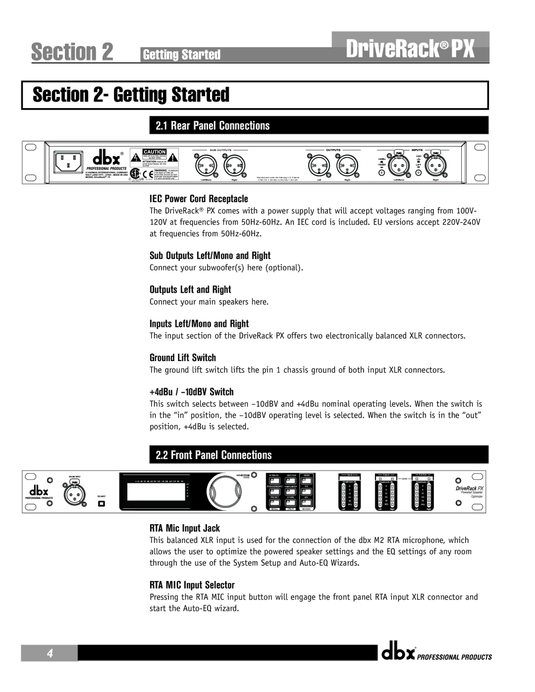 dbx Pro PX user manual Getting Started, Rear Panel Connections, Front Panel Connections 