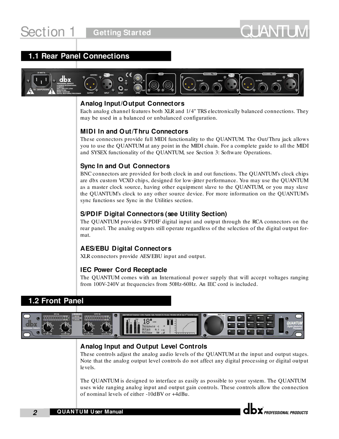 dbx Pro QUANTUM user manual Getting Started, Rear Panel Connections, Front Panel 