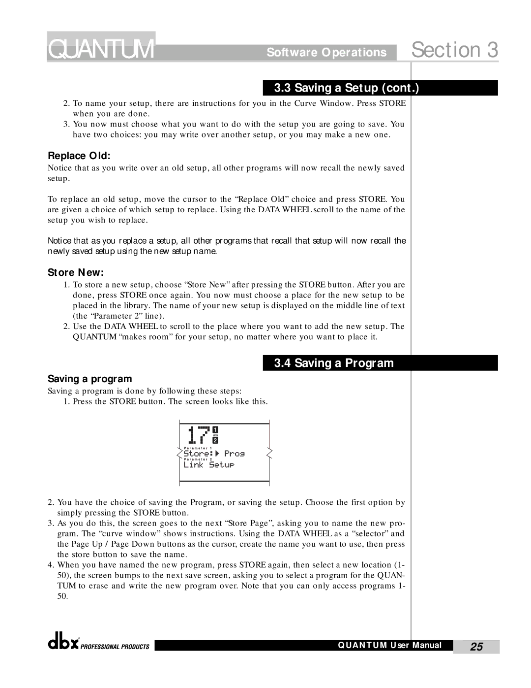 dbx Pro QUANTUM Software Operations Section Saving a Setup, Saving a Program, Replace Old, Store New, Saving a program 