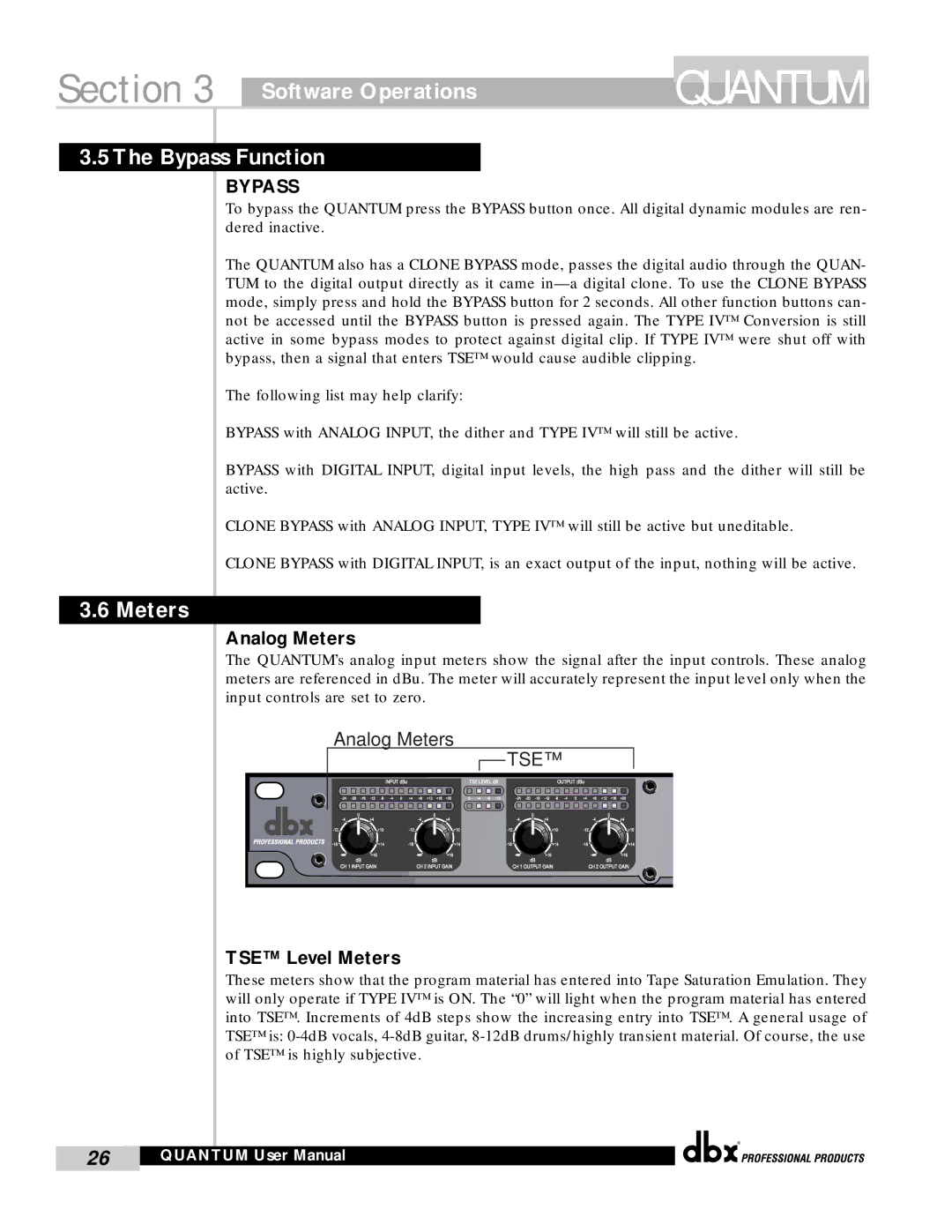 dbx Pro QUANTUM user manual Bypass Function, Analog Meters, TSE Level Meters 