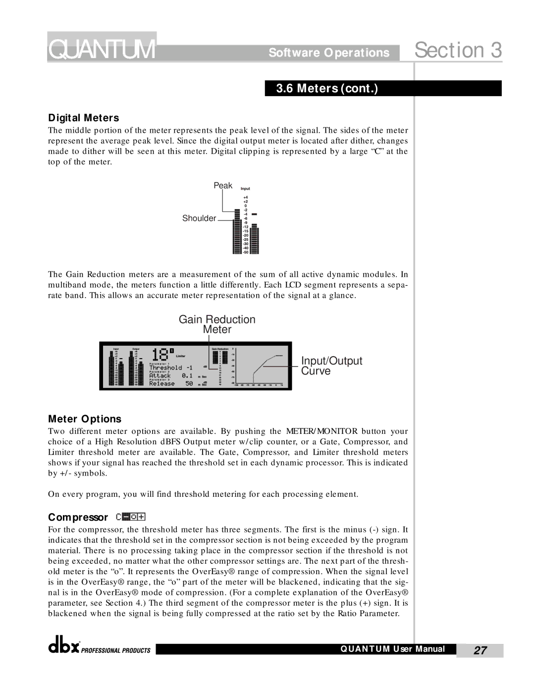 dbx Pro QUANTUM user manual Software Operations Section Meters, Digital Meters, Meter Options, Compressor 