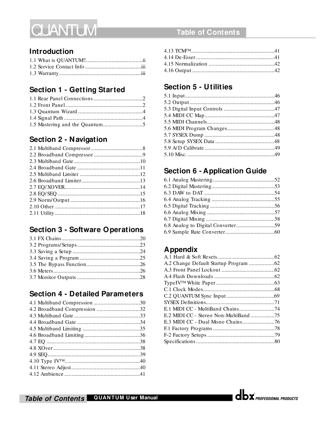 dbx Pro QUANTUM user manual Quantum, Table of Contents 