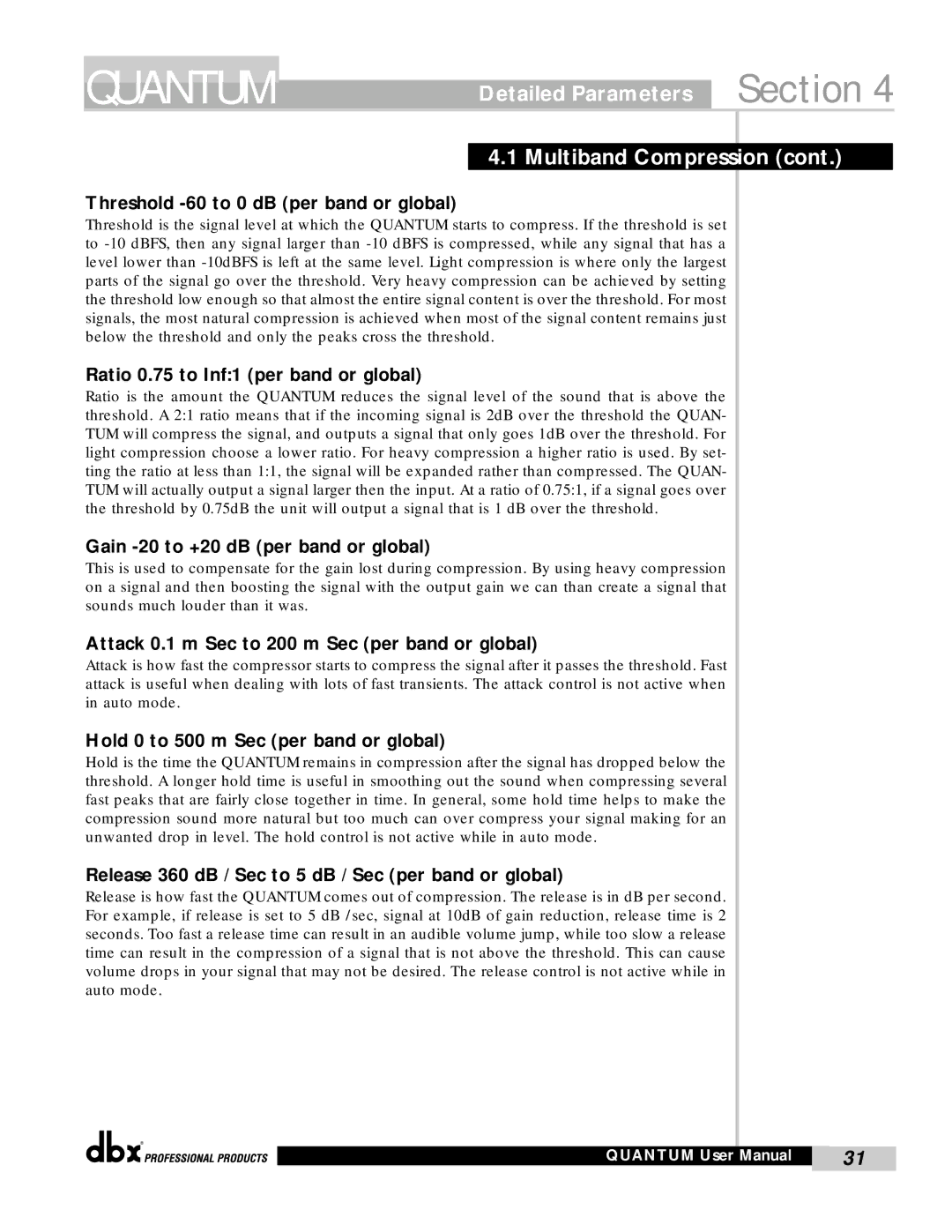 dbx Pro QUANTUM user manual Detailed Parameters Section Multiband Compression 