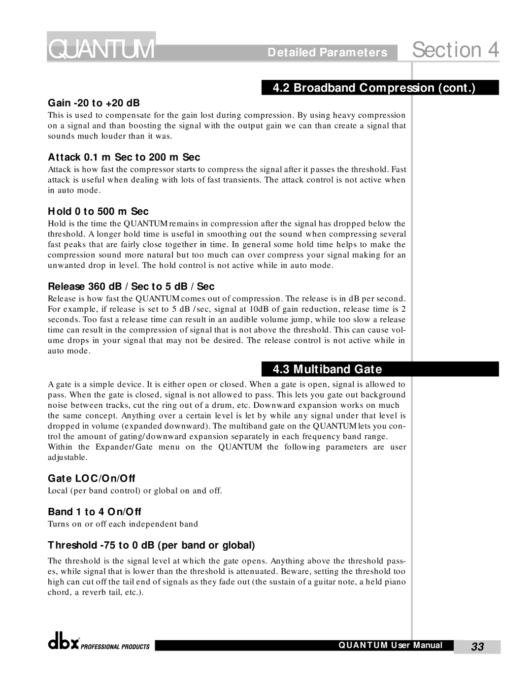 dbx Pro QUANTUM user manual Detailed Parameters Section Broadband Compression 