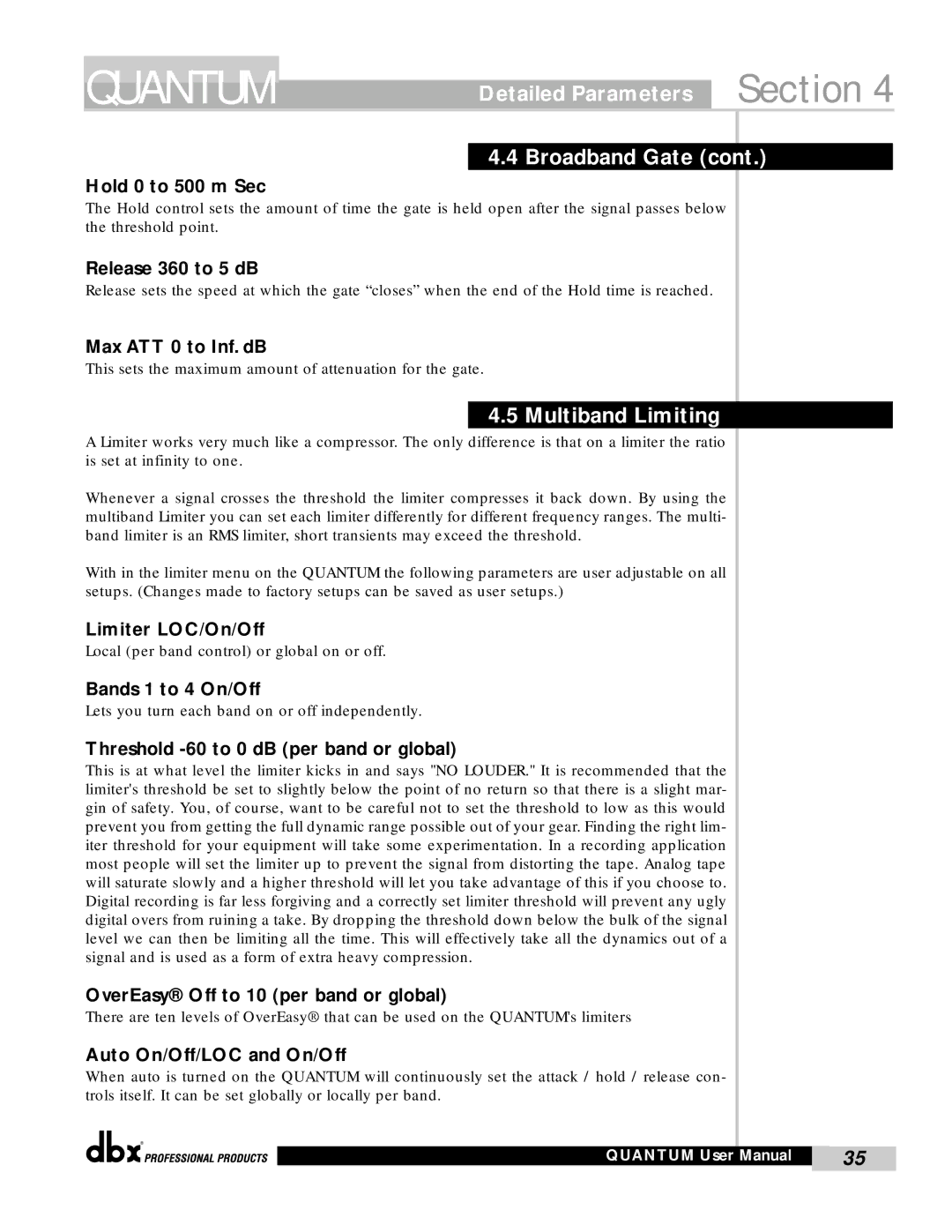 dbx Pro QUANTUM user manual Detailed Parameters Section Broadband Gate, Multiband Limiting 