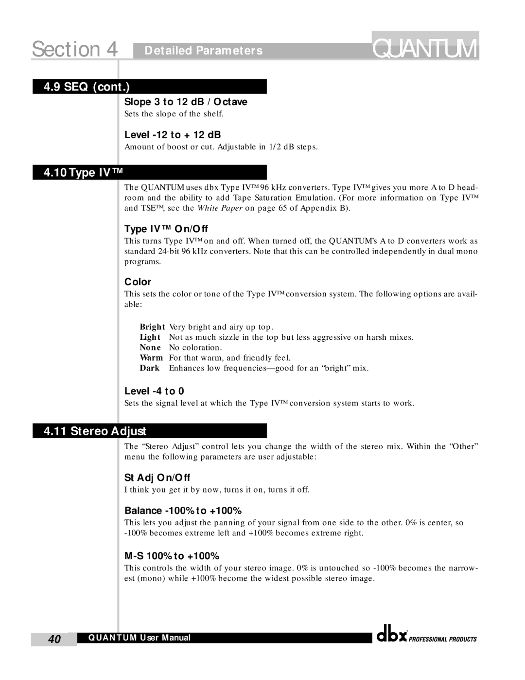 dbx Pro QUANTUM user manual Type, Stereo Adjust 