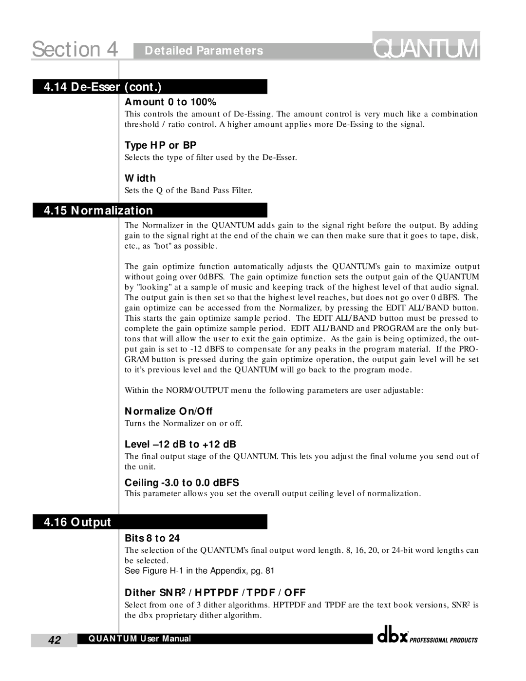 dbx Pro QUANTUM user manual Normalization, Output 