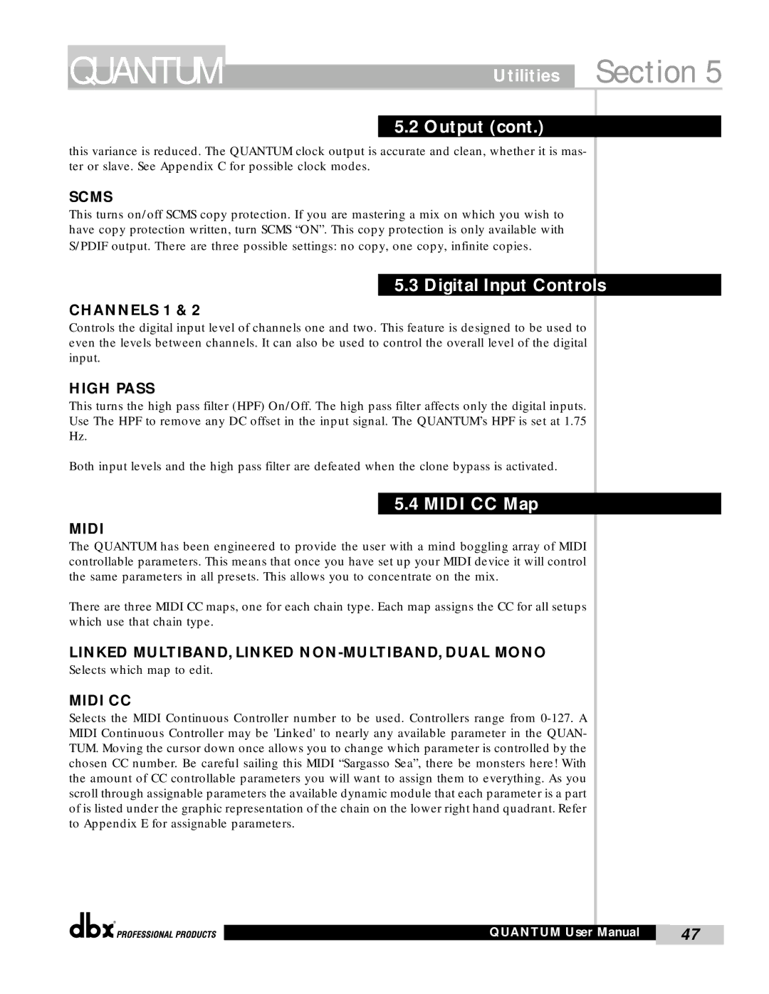 dbx Pro QUANTUM user manual Utilities Section Output, Digital Input Controls, Midi CC Map 