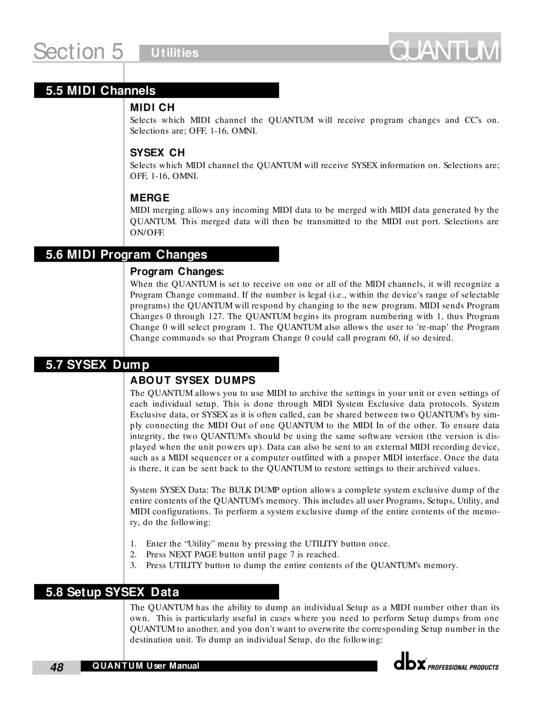 dbx Pro QUANTUM user manual Midi Channels, Midi Program Changes, Sysex Dump, Setup Sysex Data 