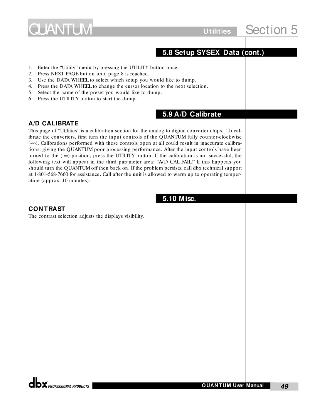 dbx Pro QUANTUM user manual Utilities Section Setup Sysex Data, A/D Calibrate, Misc 