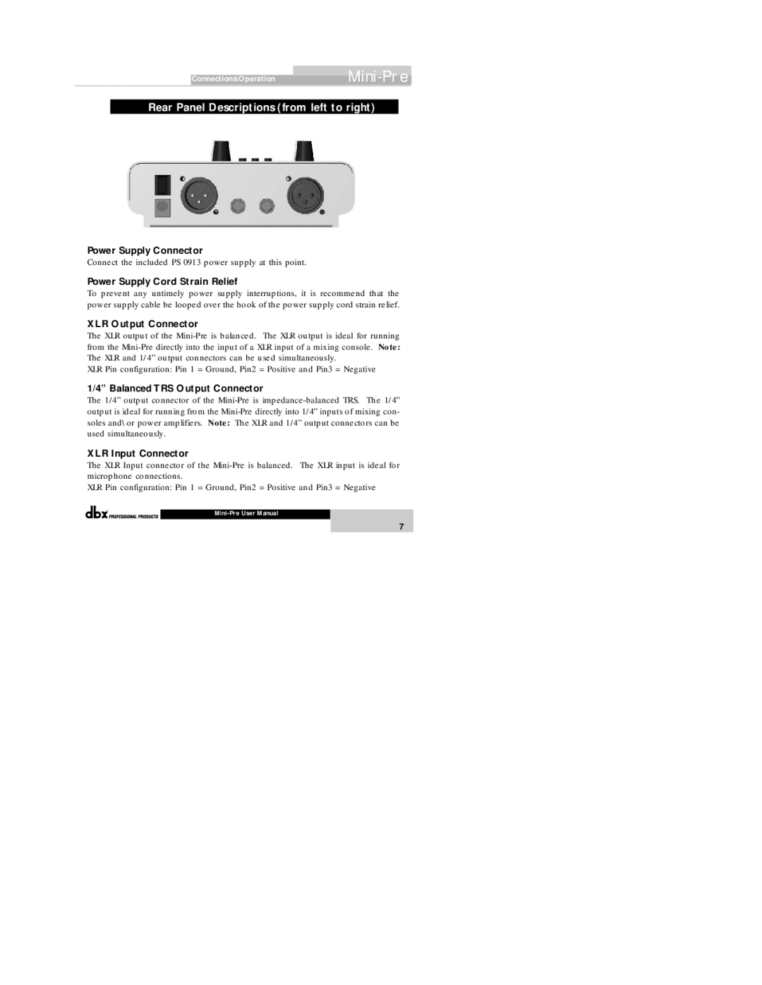 dbx Pro Vacuum Tube Microphone PreAmp user manual Rear Panel Descriptions from left to right 