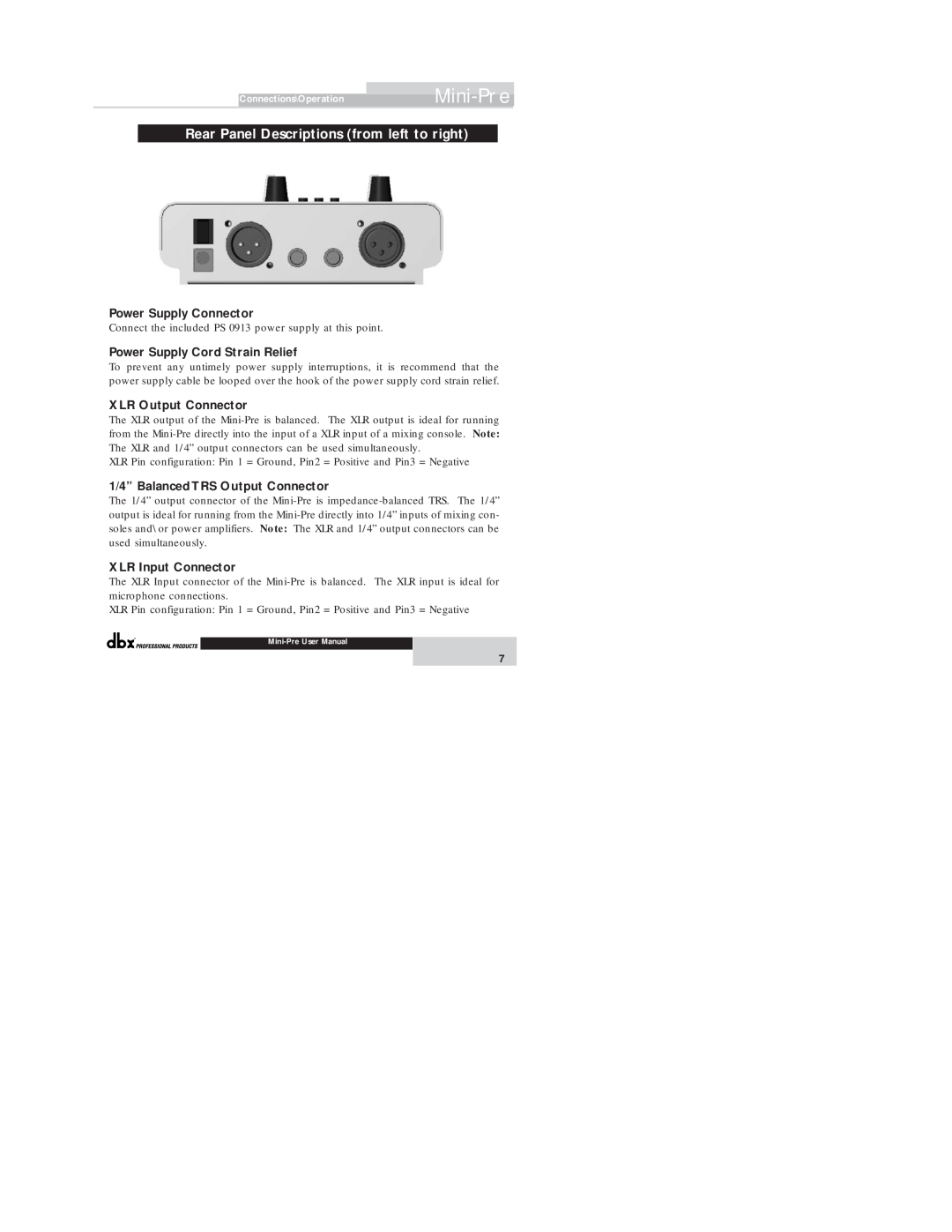 dbx Pro Vacuum Tube Microphone PreAmp user manual Rear Panel Descriptions from left to right, Power Supply Connector 