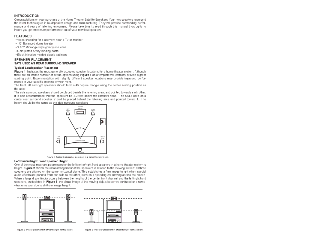 DCM Speakers 21A7402 specifications Introduction, Features, Speaker Placement, SAT2 Used AS Rear Surround Speaker 