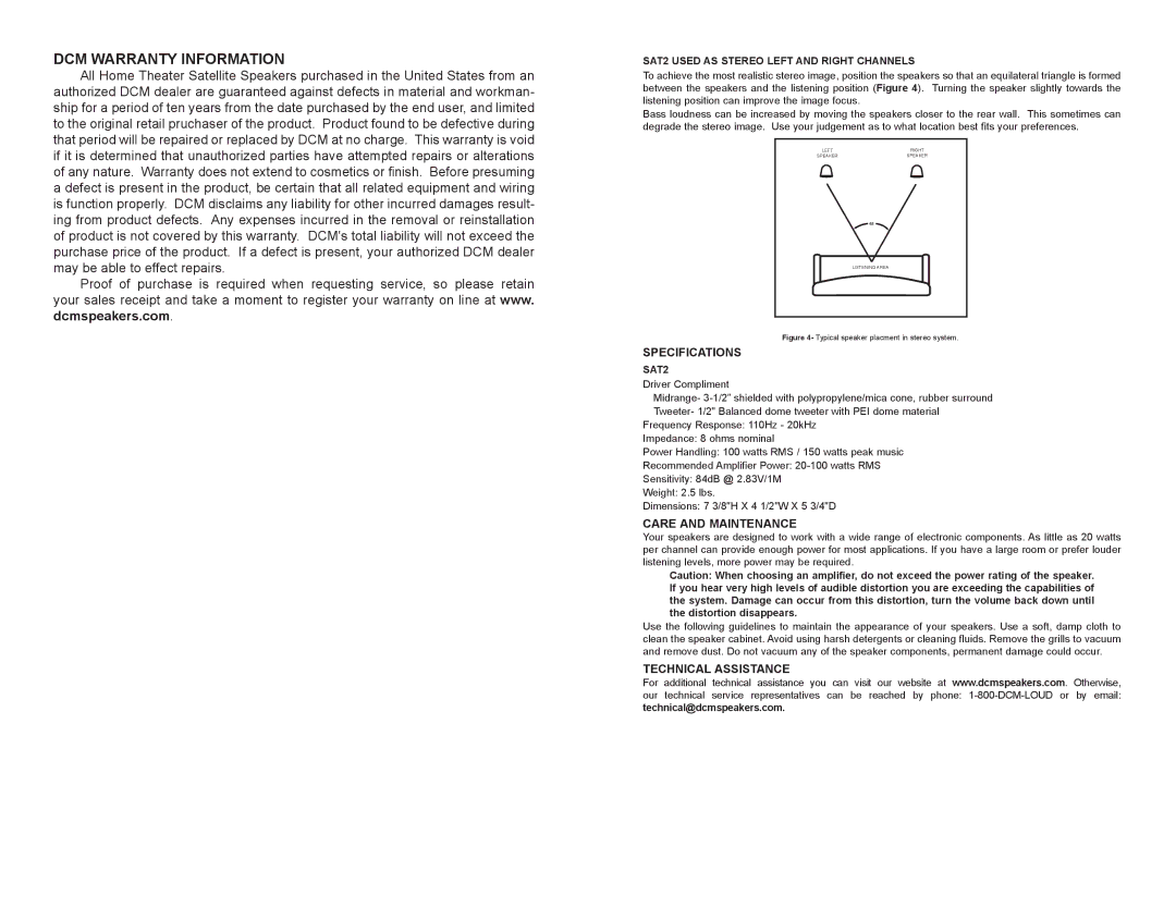 DCM Speakers 21A7402 specifications Specifications, Care and Maintenance, Technical Assistance, SAT2 