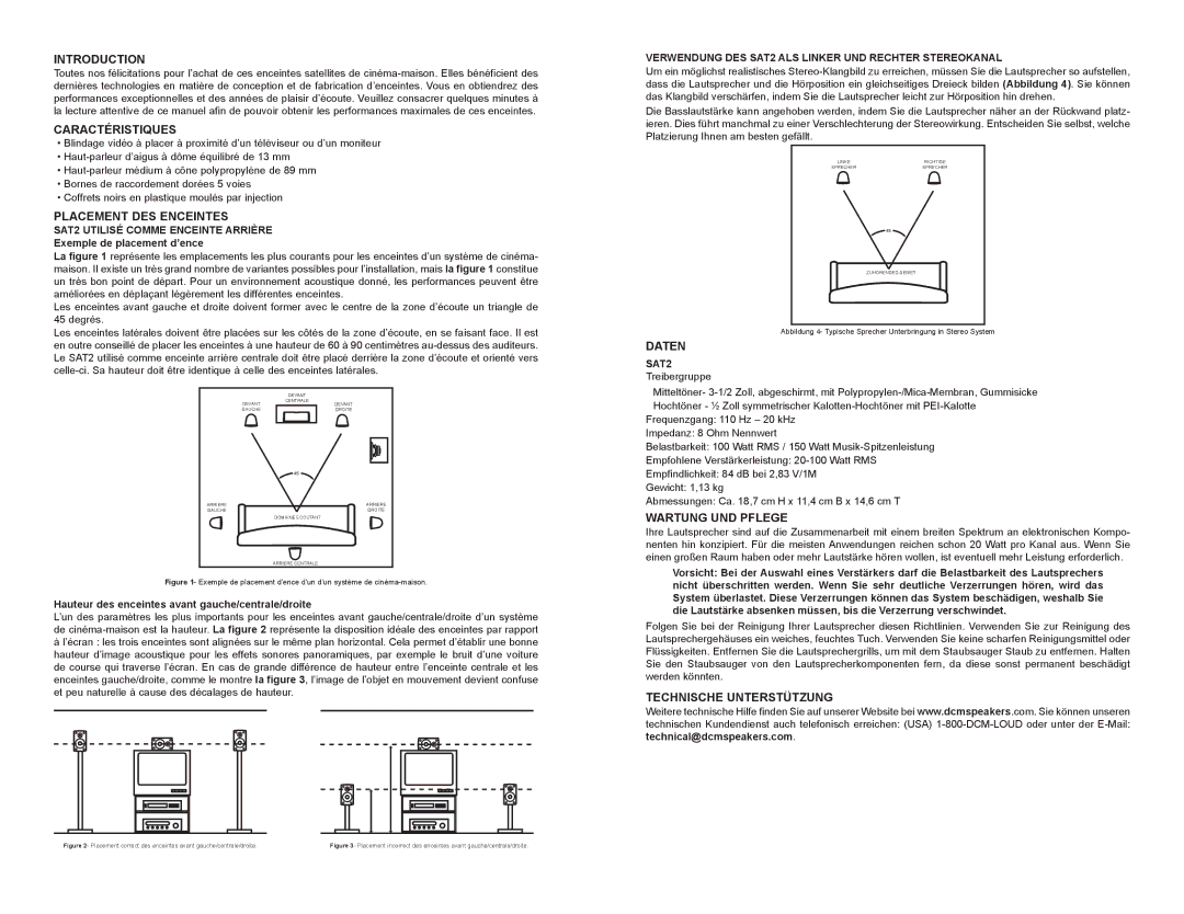 DCM Speakers 21A7402 Caractéristiques, Placement DES Enceintes, Daten, Wartung UND Pflege, Technische Unterstützung 