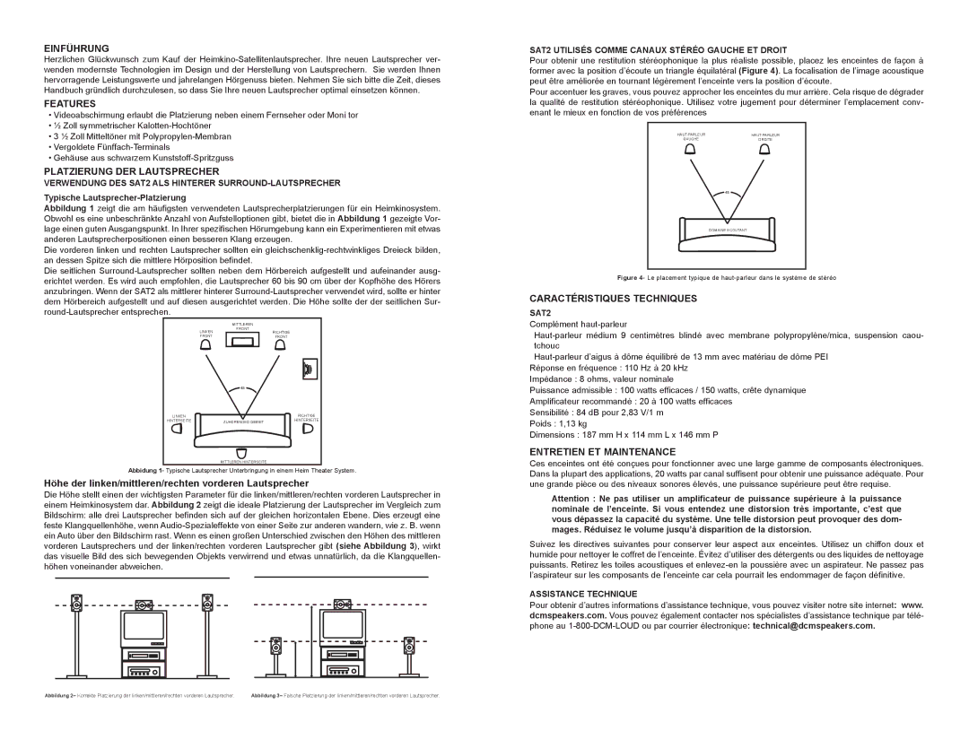 DCM Speakers 21A7402 Einführung, Platzierung DER Lautsprecher, Caractéristiques Techniques, Entretien ET Maintenance 