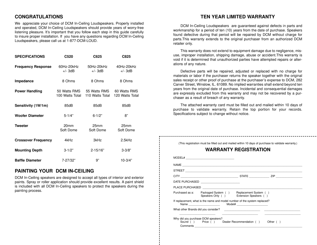 DCM Speakers C825, C520 Congratulations, Painting Your DCM IN-CEILING, TEN Year Limited Warranty, Warranty Registration 