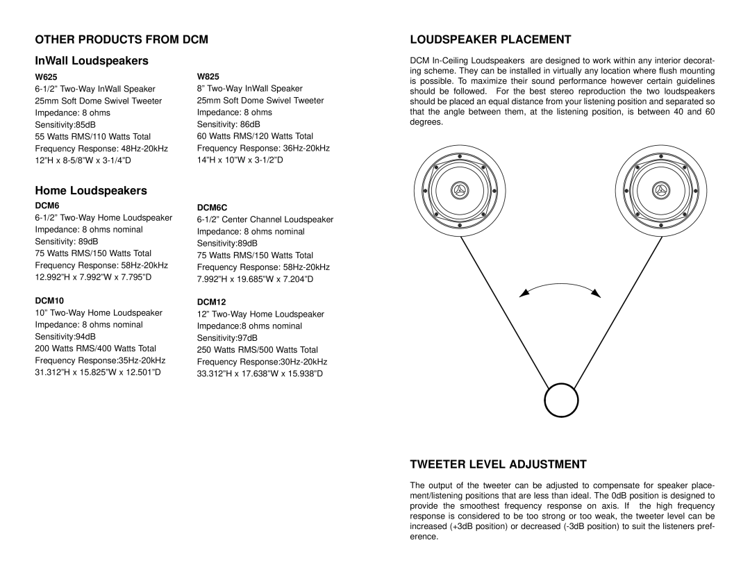 DCM Speakers C520, C625, C825 owner manual Other Products from DCM Loudspeaker Placement, Tweeter Level Adjustment 