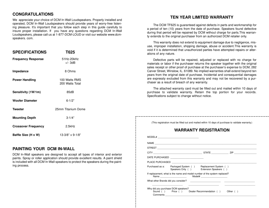 DCM Speakers DCM TF625 owner manual Congratulations Specifications, Painting Your DCM IN-WALL, TEN Year Limited Warranty 