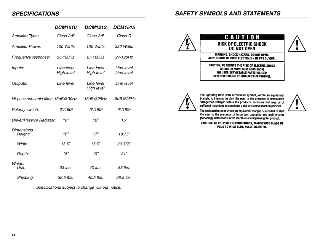 DCM Speakers owner manual Specifications Safety Symbols and Statements, DCM1010 DCM1212 DCM1515 