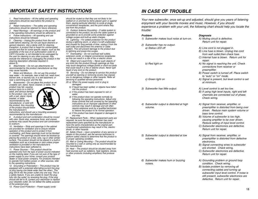 DCM Speakers DCM1010 owner manual Important Safety Instructions Case of Trouble, Opened 