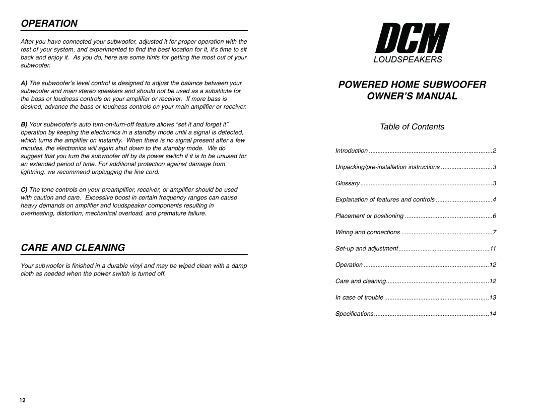 DCM Speakers DCM1010 owner manual Operation, Care and Cleaning, Powered Home Subwoofer 