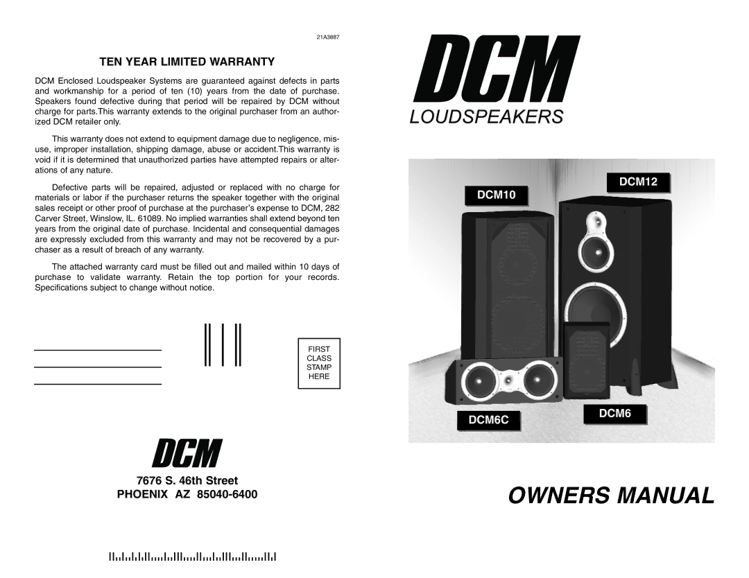 DCM Speakers DCM12 owner manual TEN Year Limited Warranty, DCM6C 