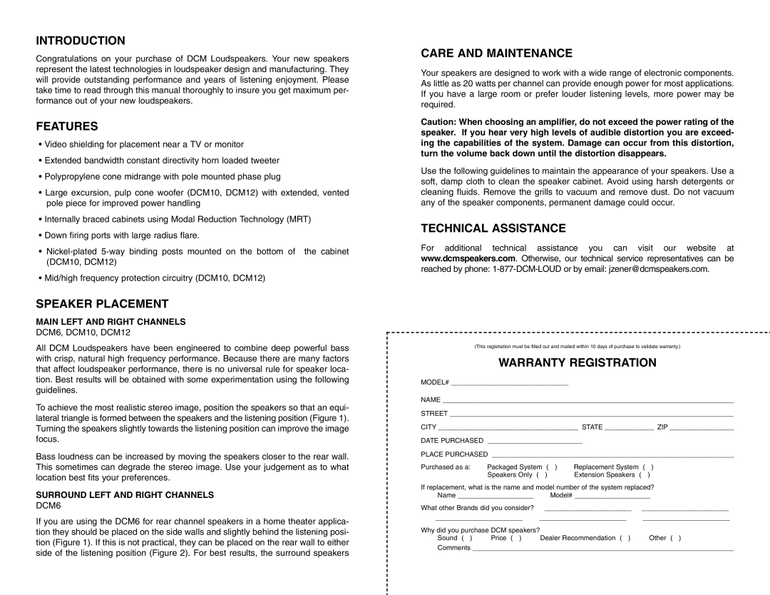 DCM Speakers DCM12 owner manual Introduction, Features, Speaker Placement, Care and Maintenance, Technical Assistance 