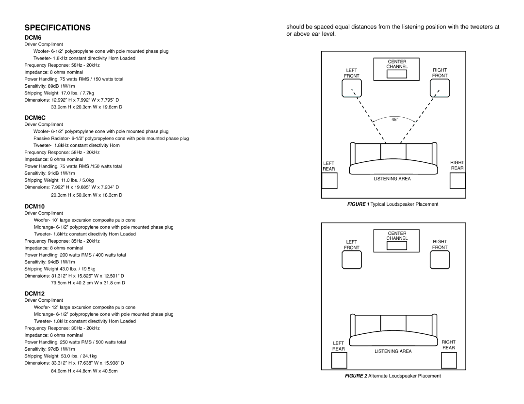 DCM Speakers DCM12 owner manual Specifications, DCM6C, DCM10 