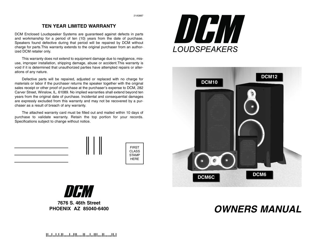 DCM Speakers owner manual Ten Year Limited Warranty, 7676 S. 46th Street, Phoenix Az, DCM12 DCM10, DCM6C 