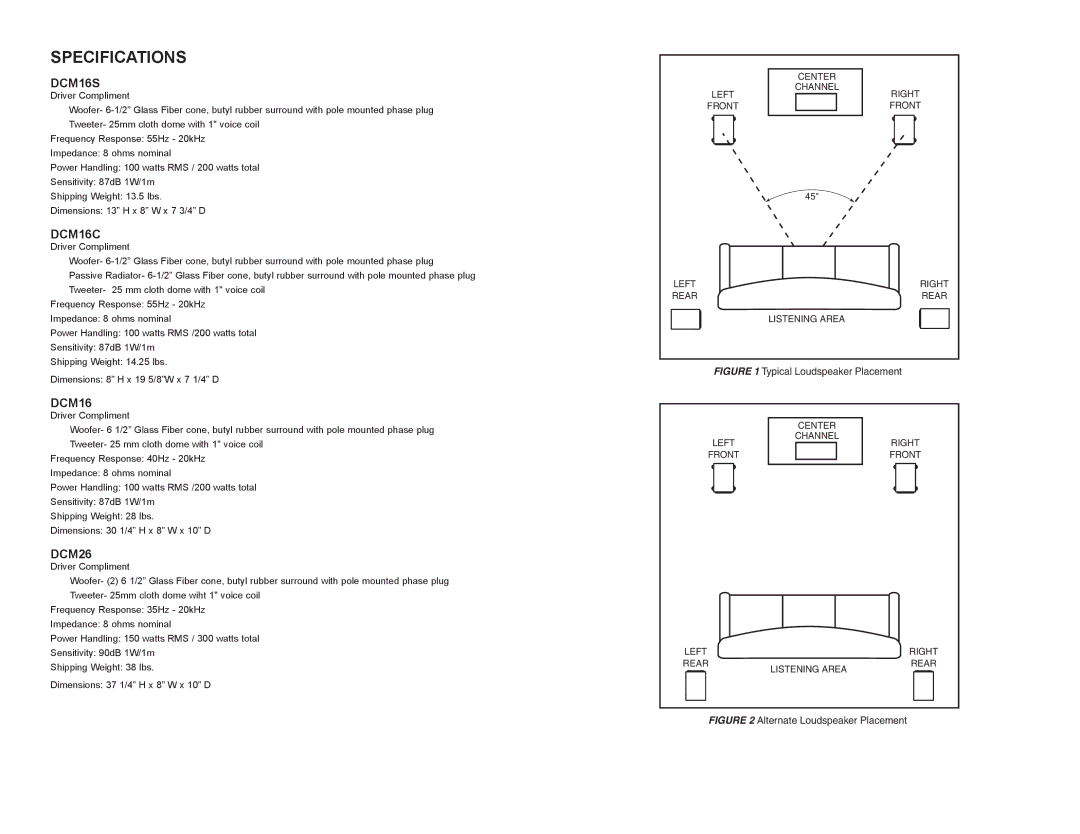 DCM Speakers DCM26 owner manual Specifications, DCM16S, DCM16C 