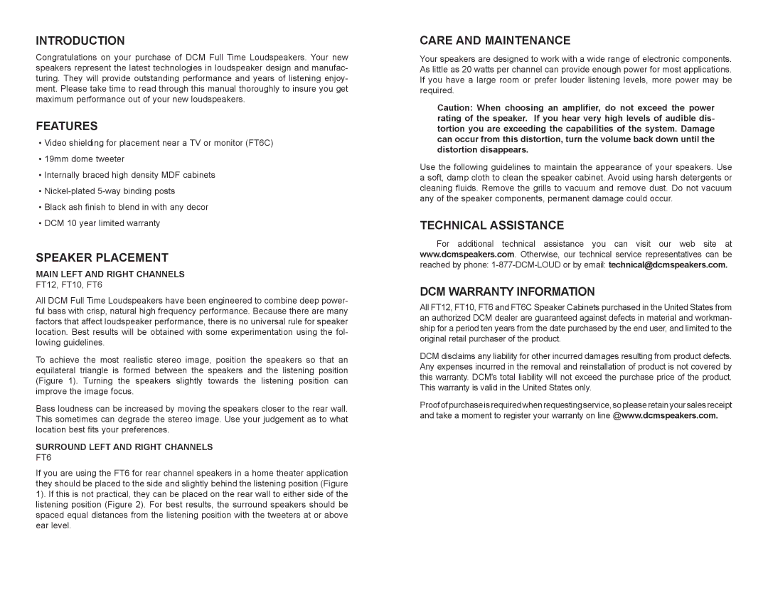 DCM Speakers FT12, FT10, FT6C owner manual Introduction, Features, Speaker Placement, Care and Maintenance 