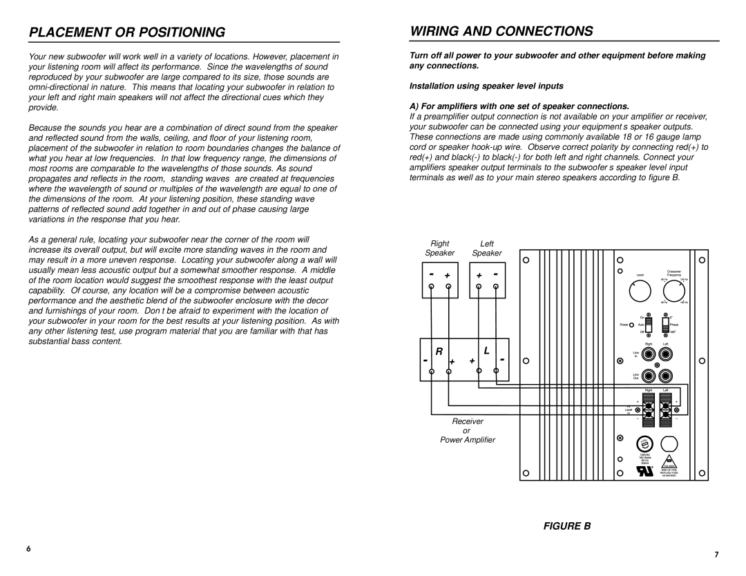 DCM Speakers SW10 warranty Placement or Positioning, Wiring and Connections 