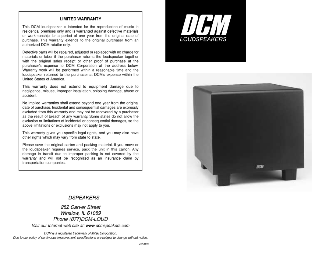 DCM Speakers SW10 warranty 