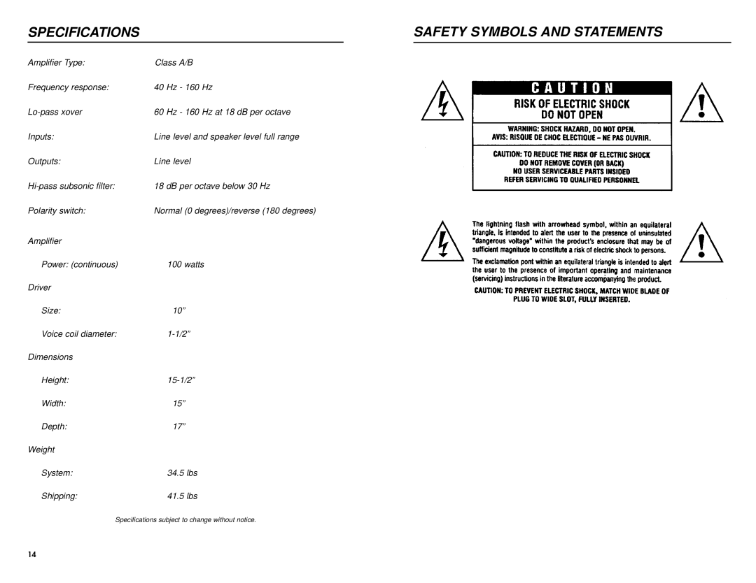 DCM Speakers SW10 warranty Specifications Safety Symbols and Statements 