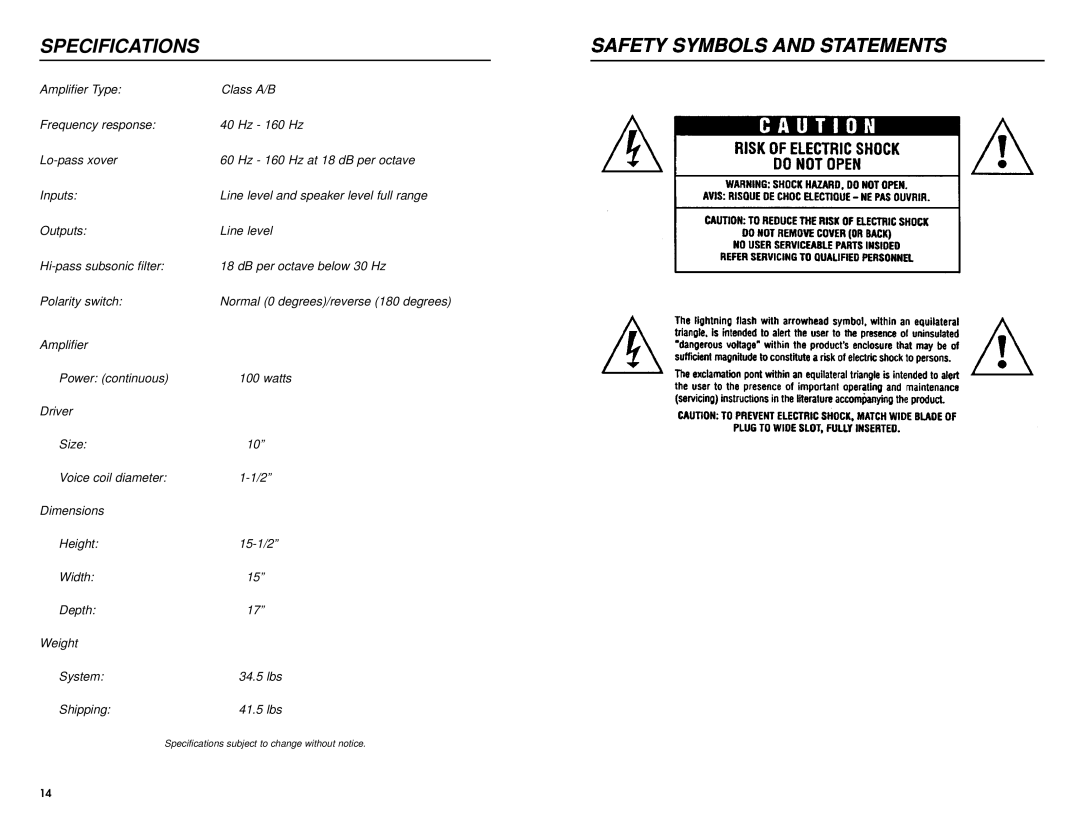 DCM Speakers SW10 warranty Specifications, Safety Symbols And Statements 