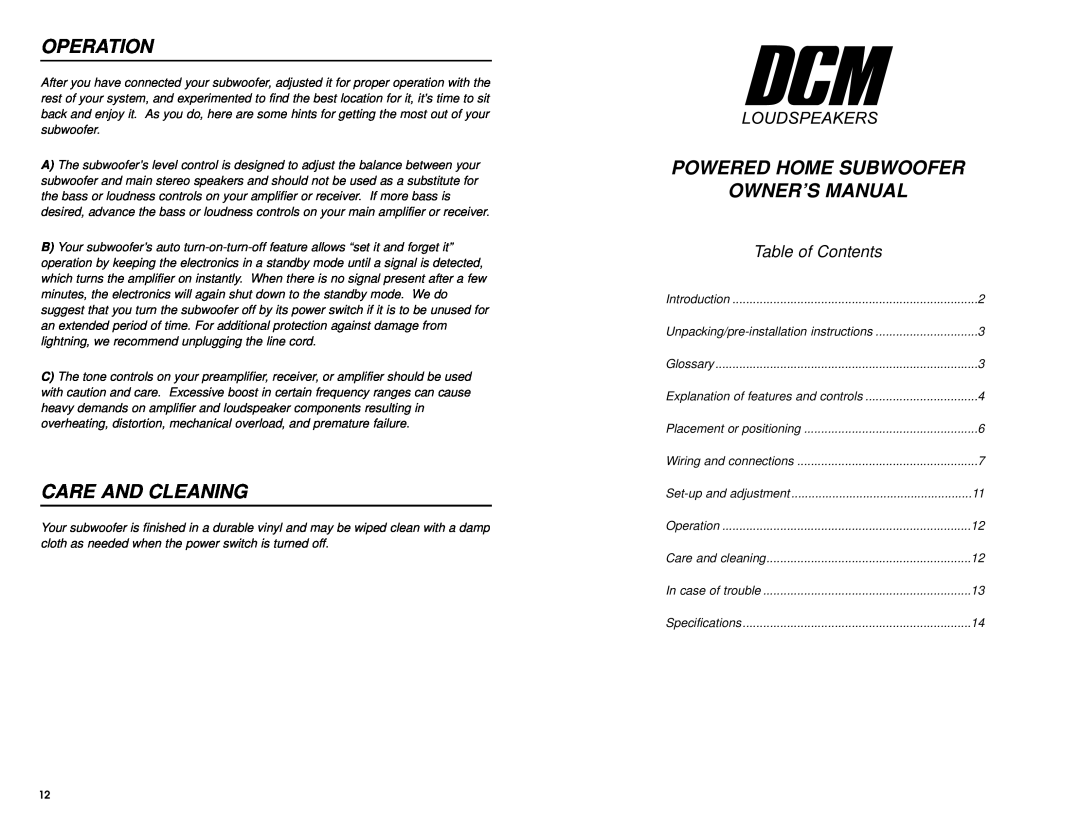 DCM Speakers SW10 warranty Operation, Care And Cleaning, Table of Contents 