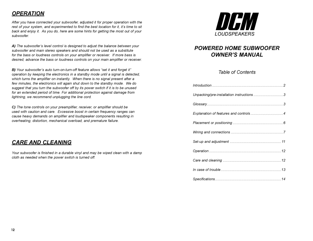 DCM Speakers TB1010 owner manual Operation, Care and Cleaning, Powered Home Subwoofer 