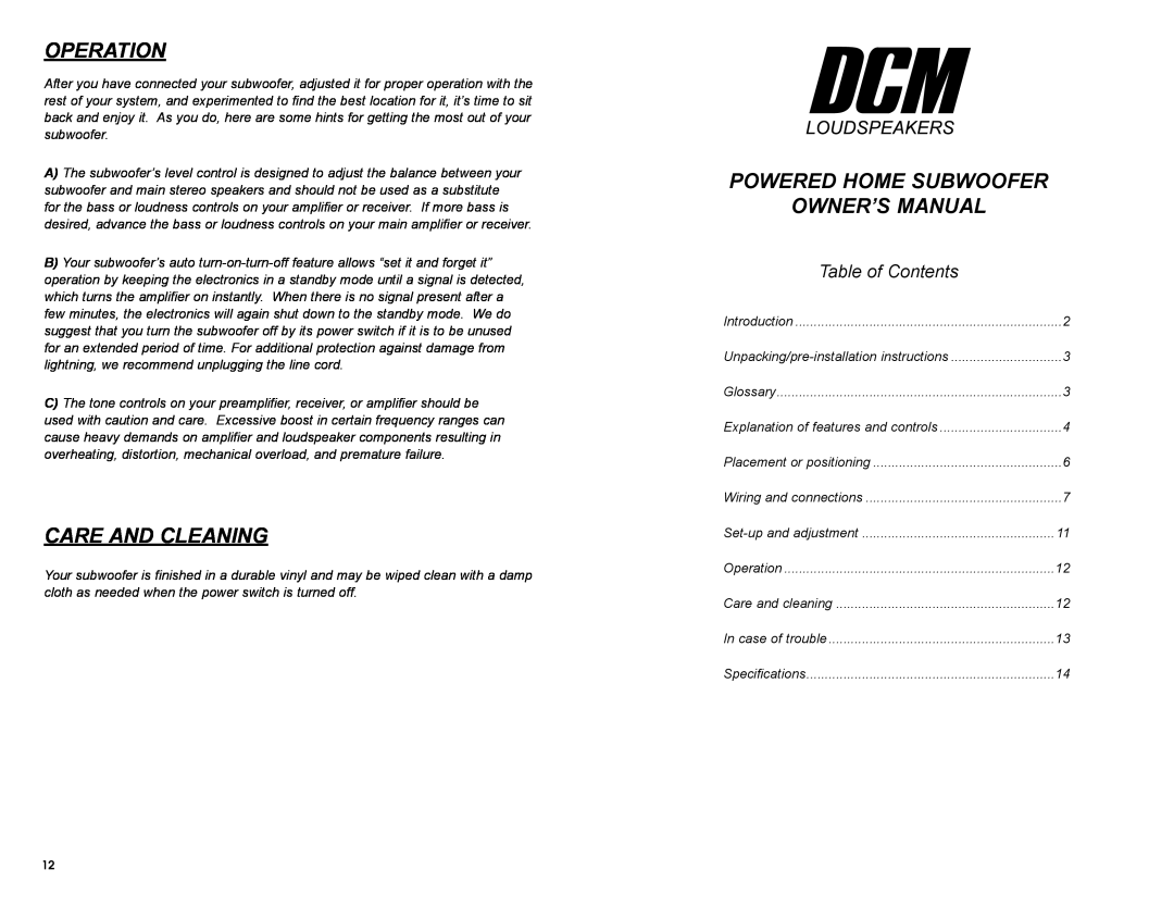 DCM Speakers TB1010 owner manual Operation, Care And Cleaning, Table of Contents 