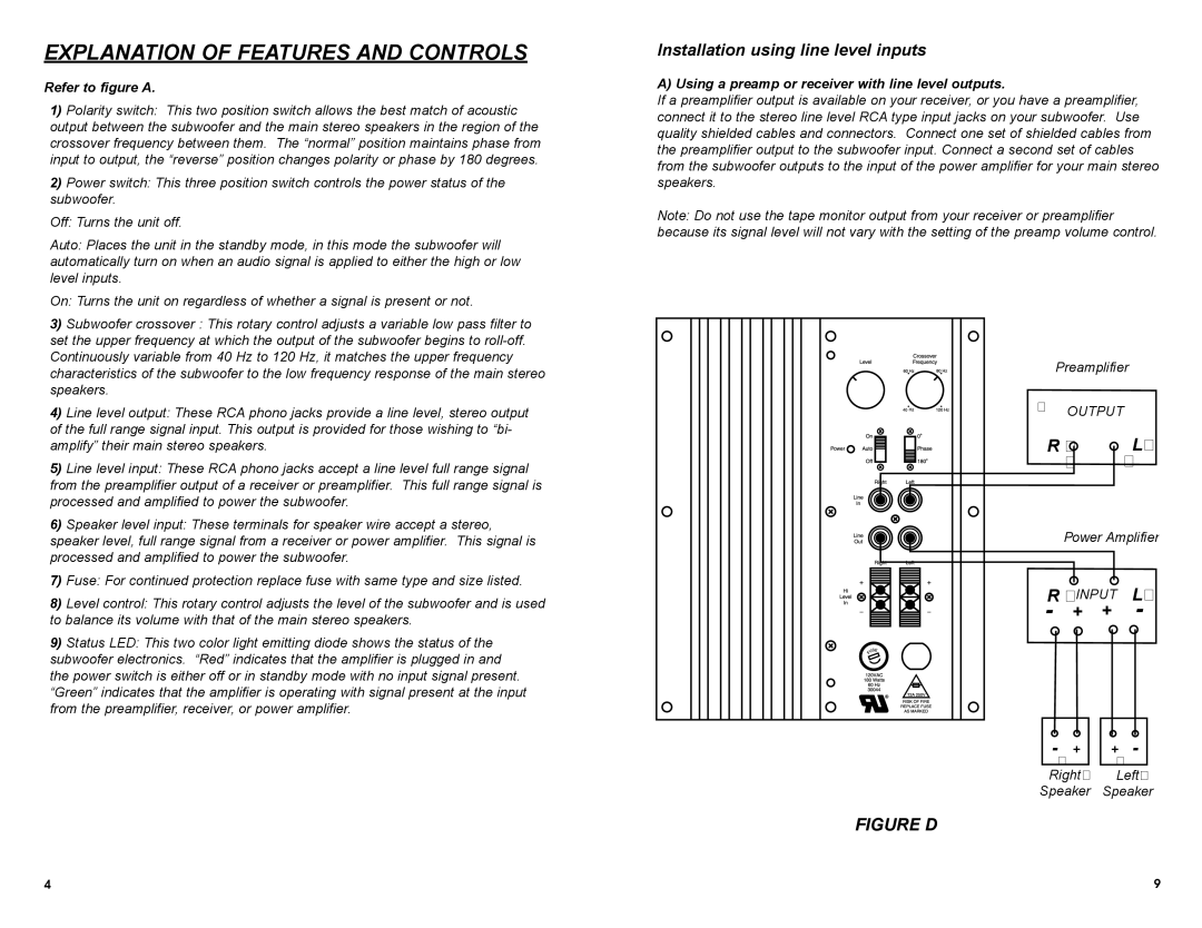 DCM Speakers TB1010 owner manual Explanation Of Features And Controls, Installation using line level inputs, Figure D 