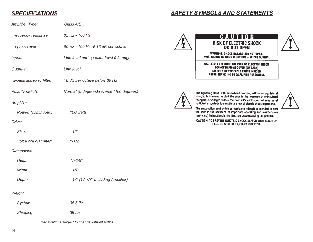 DCM Speakers TB2 owner manual Specifications, Safety Symbols and Statements 