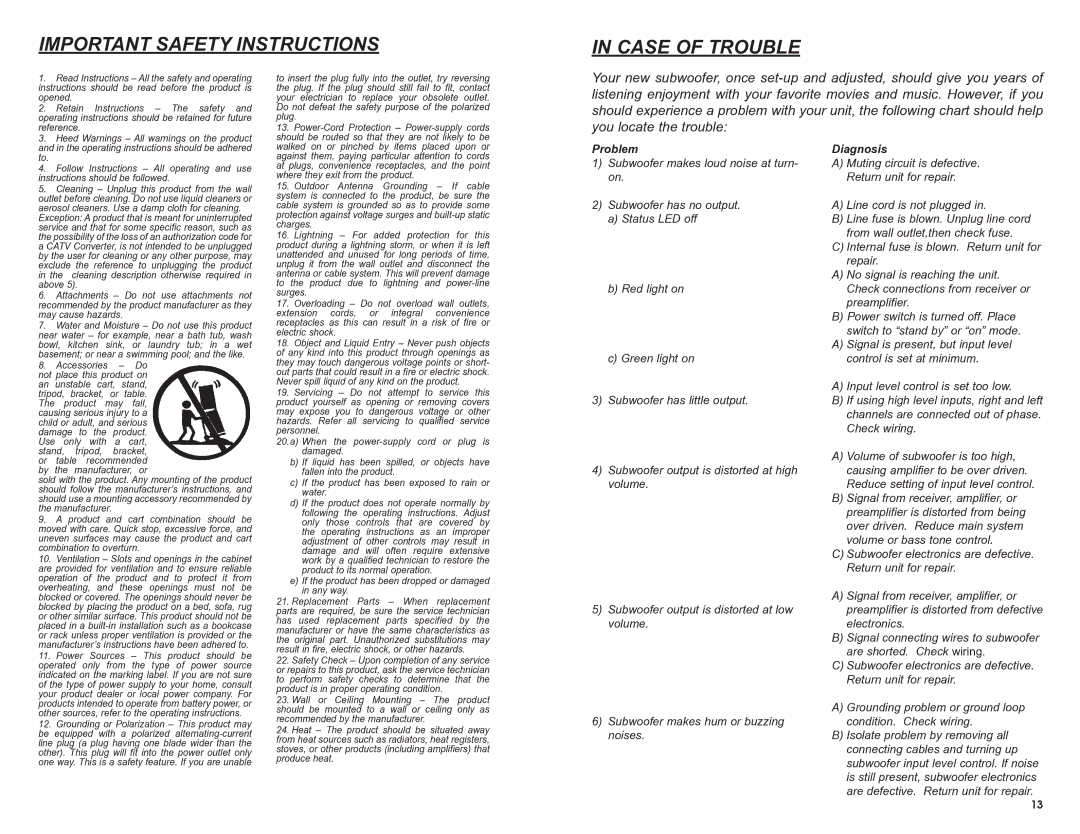 DCM Speakers TB2 owner manual Important Safety Instructions Case of Trouble, Outdoor Antenna Grounding If cable 