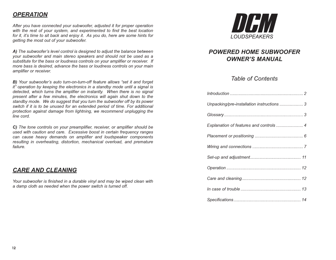 DCM Speakers TB2 owner manual Operation, Care and Cleaning, Powered Home Subwoofer 