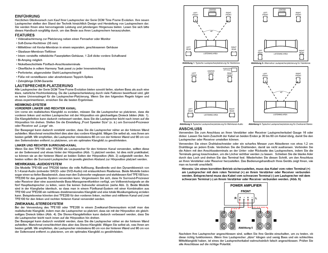 DCM Speakers TFE100 / TFE200 owner manual Einführung, Lautsprecher-Platzierung, Anschluss 