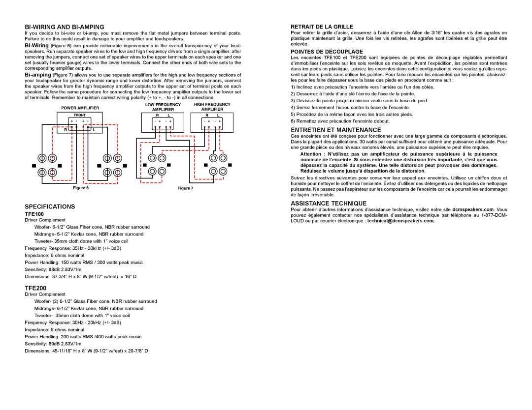 DCM Speakers TFE100 / TFE200 BI-WIRING and BI-AMPING, Specifications, Entretien ET Maintenance, Assistance Technique 